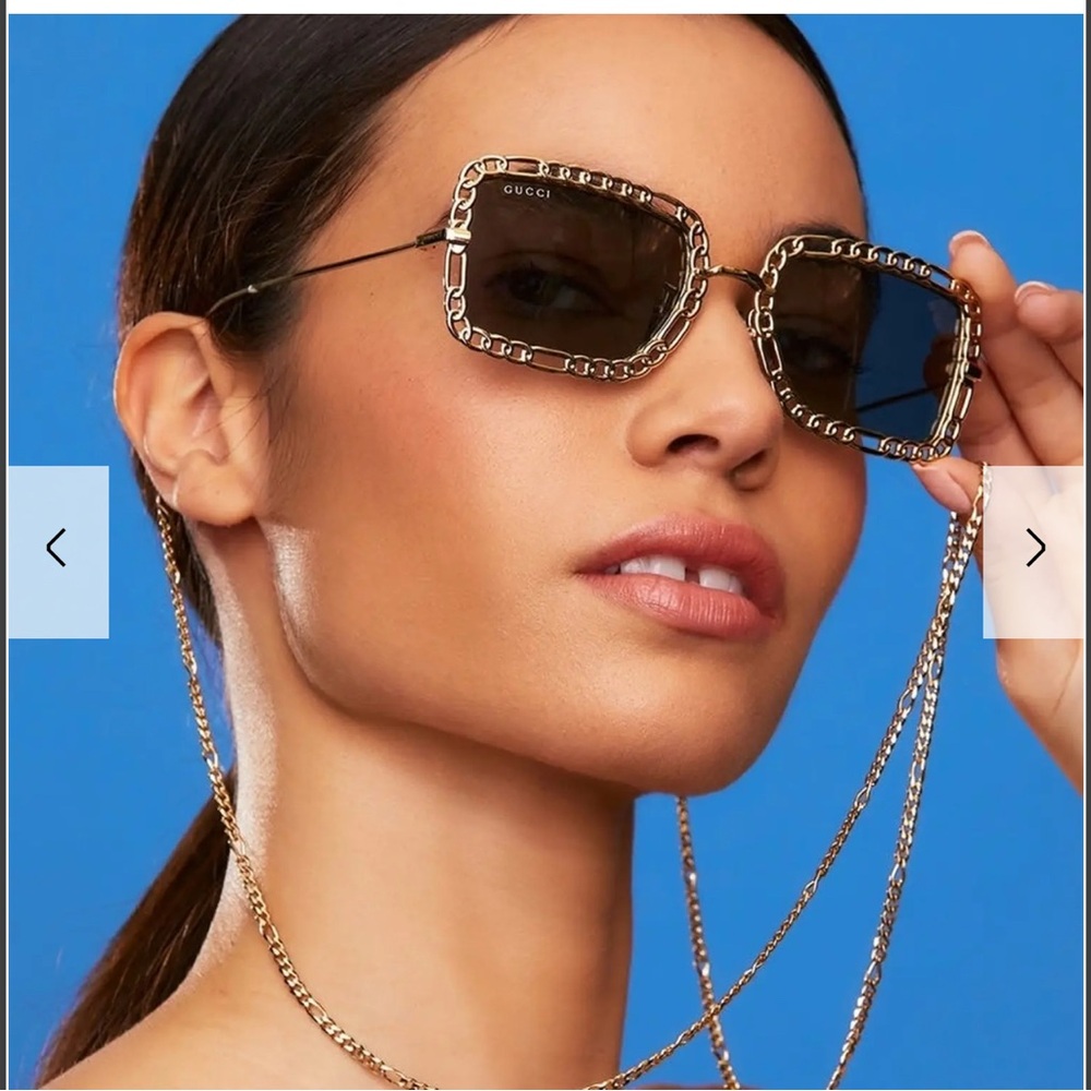 Gucci Gold Chain Rectangle Metal Sunglasses w/ Chain
